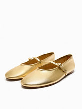 Metallic Gold Buckled Strap Round Ballet Flats Mary Jane